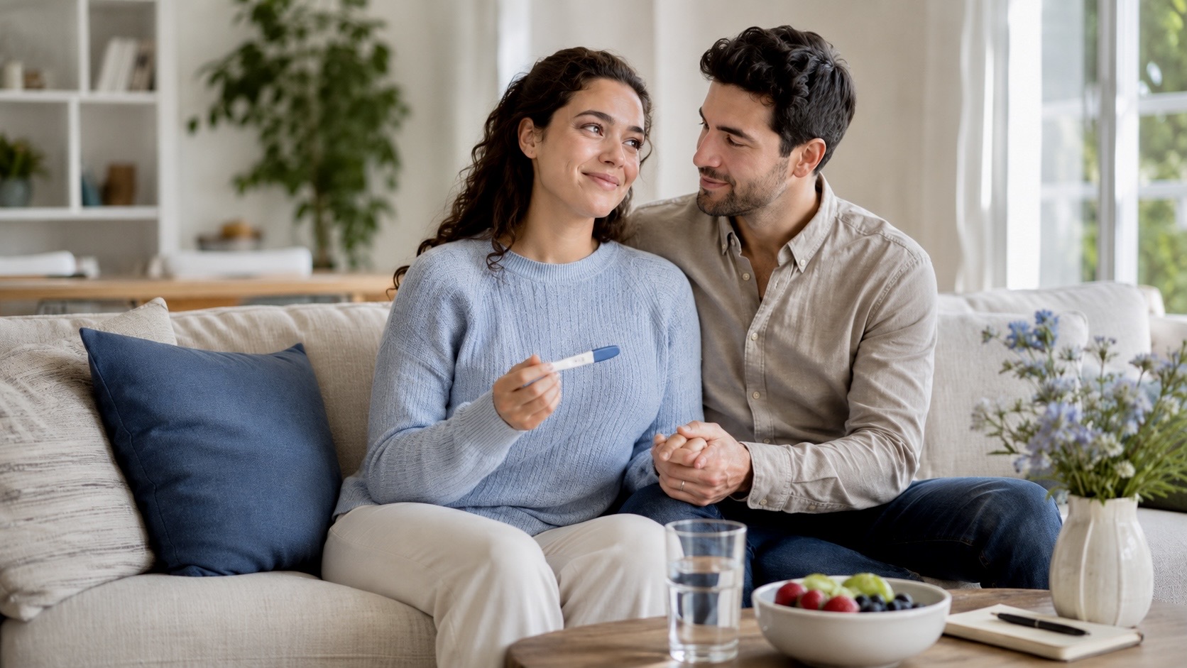 Γυναίκα κρατά θετικό τεστ εγκυμοσύνης ενώ κάθεται στον καναπέ με τον σύντροφό της που της κρατά το χέρι